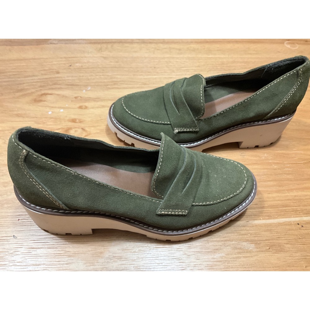 Blondo Waterproof Olive Green Suede Penny Loafers Lug Sole Wedge Shoes